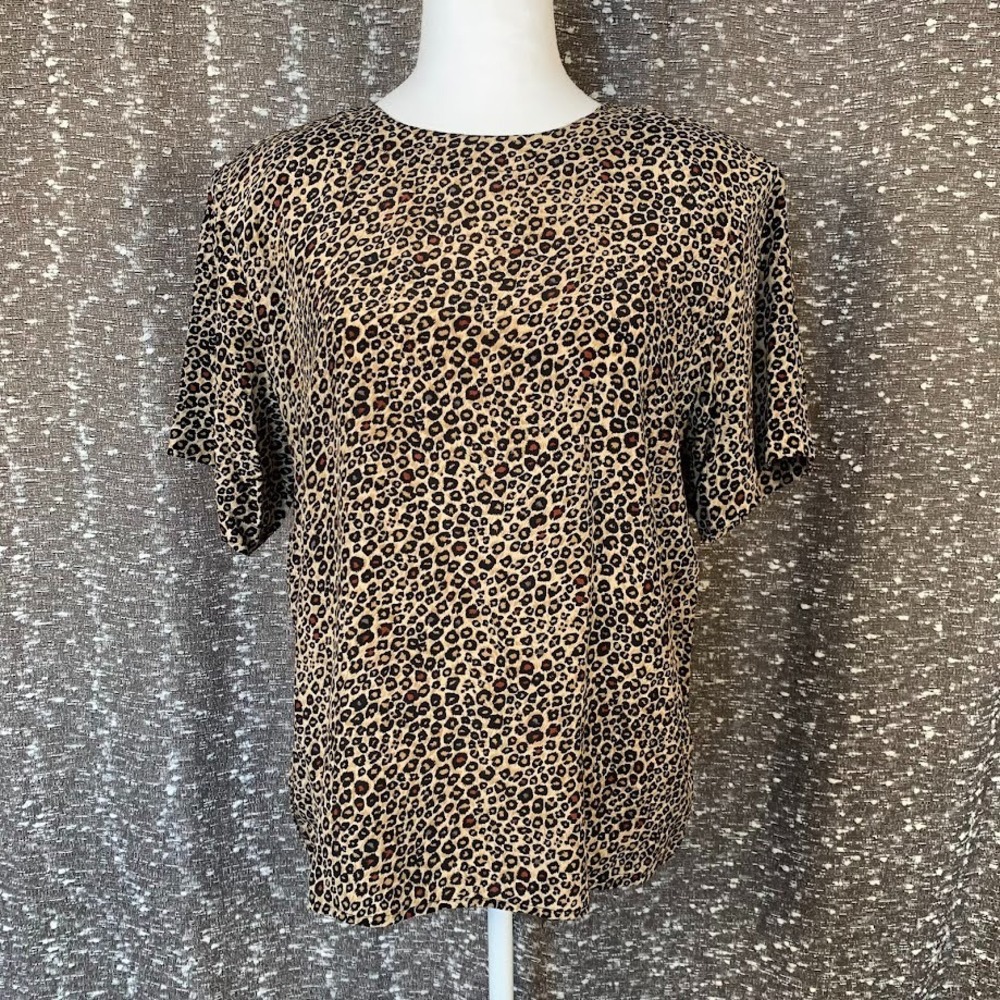 Vintage Anna and Frank‎ Leopard Print Silk Short Sleeve Blouse Preppy Women's M